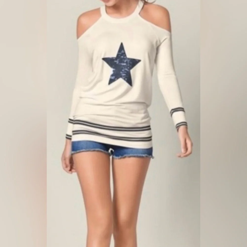 NWOT Venus Cold Shoulder Sequin Star Shirt/Sweater